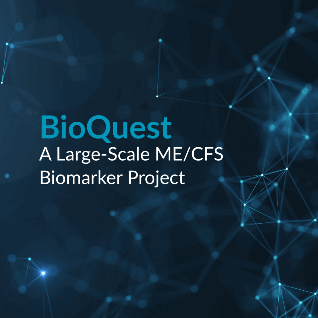 A digital graphic with a dark blue background featuring abstract glowing network lines and nodes. The text in the center reads: “BioQuest— A Large-Scale ME/CFS Biomarker Project.”